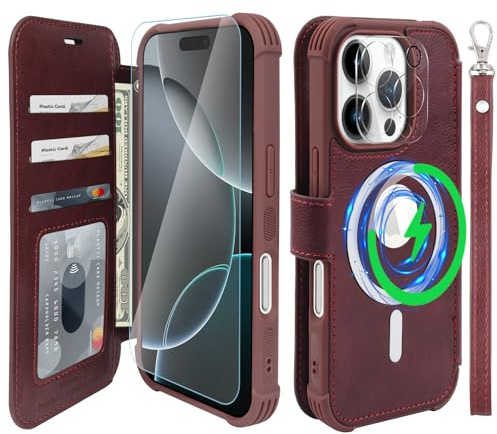 VANAVAGY Compatible for iPhone 16 Pro Max Wallet Case for Magsafe Wireless Charging,Leather Flip Wrist [Glass Screen Protectors and Camera Lens Protectors]with RFID Block Card Holder,Burgundy
