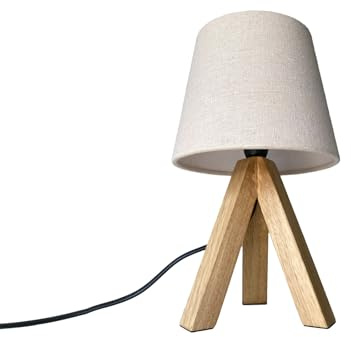 meineWunschleuchte Tisch-Lampe Dreibein aus Holz mit Schirm Leinen Beige | Höhe 27cm, E14, mit Schnurschalter, gemütliche Nachttischlampe, skandinavisches Design, Lampenschirm aus Stoff