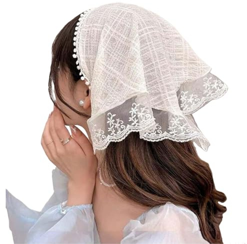 GlamRays Foulard Bandana Femme en Dentelle Blanc Élégant Foulard Triangle Bandeau Accessoire Cheveux Boho Accessoire Capillaire Bandana Respirant Été Festival Plage Vacan