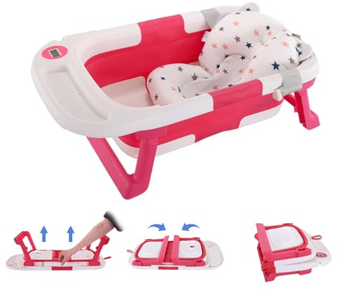 Baby Bathtub, Collapsible Newborn Bathtub for Infant to Toddler 0-24 Months with Soft Cushion and Thermometer,Portable Travel Newborn Tub with No-Slip Feet, Baby Shower Gifts (Pink)