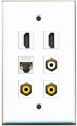 RiteAV – 2 HDMI 1 puerto RCA blanco 2 Puerto RCA amarillo 1 Puerto Cat5e Ethernet blanco placa de pared