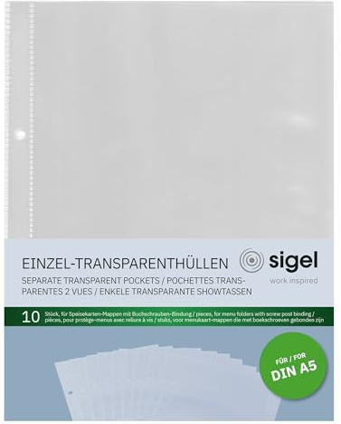 SIGEL Einzel Transparenthüllen A5 für Speisekartenmappe 10 Stück | SM191, Geeignet für Mappe mit Buchschrauben-Bindung, langlebig und pflegeleicht