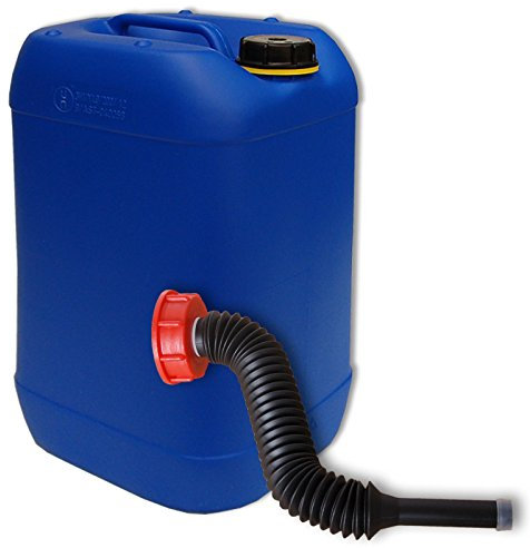 Bidón de polietileno/Jerrycan 25 L azul HDPE DIN61 calidad alimentaria + 1 Pico vertedor flexible largo (22248+22037)