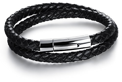 JewelryWe Schmuck Lederarmband Herren Damen Geflochtenes Armband, Regenbogen/Kleeblatt/Engel Flügel/Mehrreihig Armreif, Edelstahl Leder, Schwarz