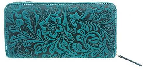 Jockey Club wunderschöne Damen echt Leder Reißverschluss Geldbörse lang, mit RFID Schutz, Liane Florale Motive, Ranken und Blüten in toller Hoch Tief Prägung Petrol