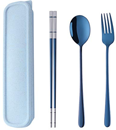 Do Buy Posate da Campeggio Set di Posate Miste Acciaio Inox= Bacchette+Cucchiaio+Forchetta+Blu Scatola Di Paglia Di Grano,Posate Portatili per Lavorando Ufficio Pranzo Viaggio Outdoor Picnic Campeggio