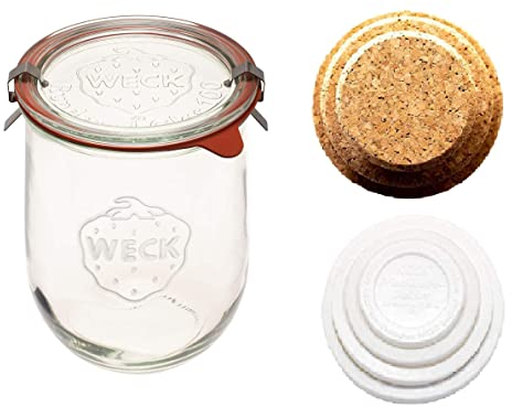 WECK - Tarro de tulipán 745 Weck de 1 litro, tarros de iniciación de masa agria, tarro grande de vidrio para masa madre, tarro de tulipán con boca ancha, apto para enlatar y almacenar (1 tarro, tapa