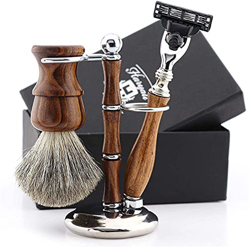 Haryali London, 3 Pcs Wooden Shaving Kit for Men – Tripple Edge Safety Razor Set with Pure Badger Hair Brush & Shaving Stand – Mens Grooming Kit Wet Shaving Gift Set.
