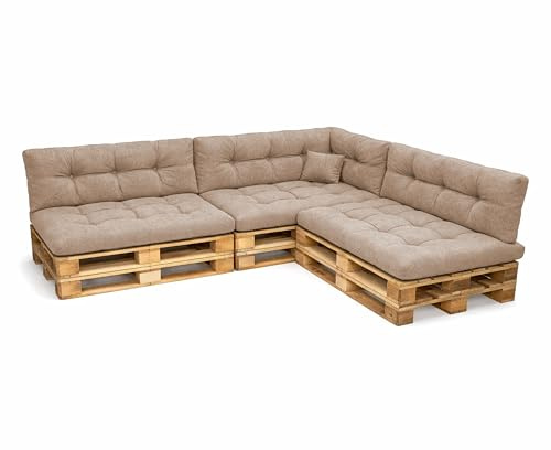 POKAR Euro Pallet Quilted Pillow - Set of 8: Seat Cushion 120 x 80cm + Back Cushion 120 x 40cm, Garden Pillows Sofa, Patio, Without Pallets, Beige
