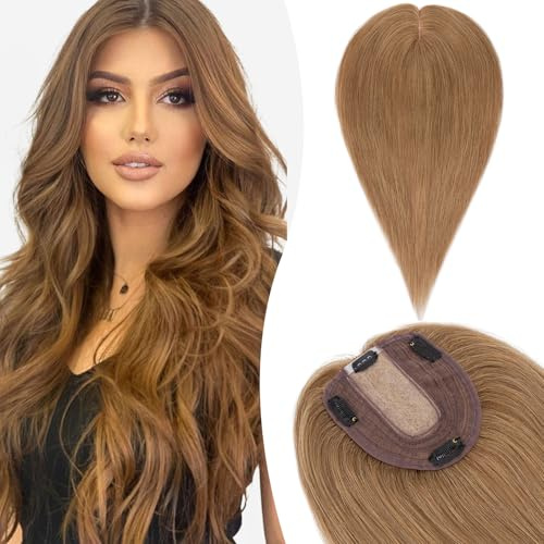 Silk-co Hair Topper Echthaar, 10x12cm Basis Toupet Damen, Haartopper Echthaar mit Remy Seide Basis, Haar Topper Clip in Haarteil Extensions, 35cm06# Hellbraun