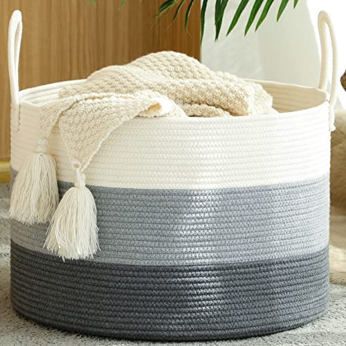 KAKAMAY Large Blanket Basket (20x13),Woven Baskets for storage Baby Laundry Hamper,Cotton Rope Blanket Basket for Living Room, Laundry, Nursery, Pillows, Baby Toy chest with Handles (White/Grey)