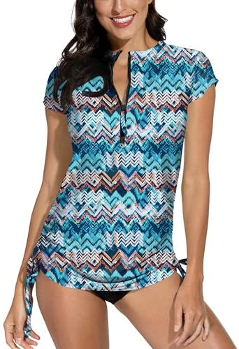 BesserBay Surftröja för damer, badmode, Rash Guard, UV-tröja med korta ärmar och 1/4-dragkedja, för simning, tankini med SF 50, flerfärgad, storlek XS–XXL, B4, M