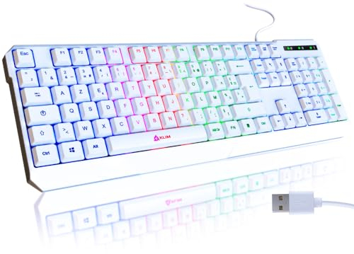 KLIM Chroma Clavier Gamer AZERTY FR - Nouveauté - Silencieux USB - Clavier Filaire Rétroéclairé LED - PC Gaming PS4 PS5 Mac - Blanc