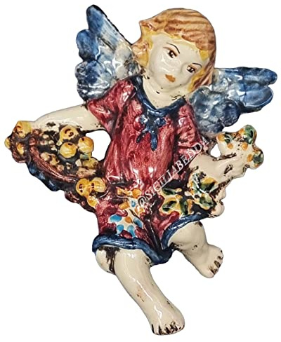 sicilia bedda - Angelo in Ceramica di Caltagirone - Da Parete - Prodotto 100% Artiginale nella Costruzione e nei Decori (H 15 Angelo 4 stagioni Inverno)