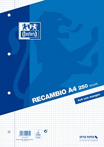 Oxford, Hojas Cuadriculadas A4, Perforadas, 250 Hojas, Cuadrícula 4x4, Recambio Archivador