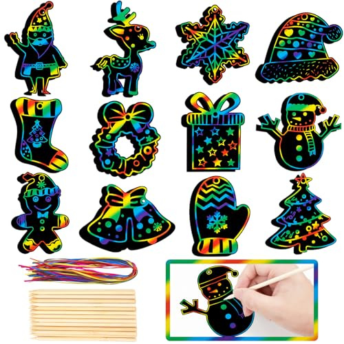 36 Stück Weihnachten Kratzbilder, Kratzpapier Bastelset, Weihnachtsmann, Elch, Schneeflocken, Kranz, Glocken, Weihnachtsbaum DIY Regenbogen Magie Kratzpapier Ornamente für Party Favor Urlaub Dekor