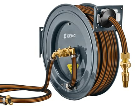GEKA plus Automatischer Schlauchaufroller PA20GSK (robuster Schlauchaufroller, Stahlkonstruktion, autom. Rückzug, schrittweise Arretierung, mit 15 m Gummi Wasserschlauch)