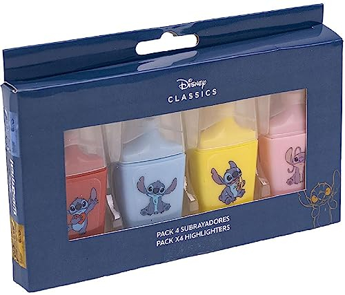 CERDÁ LIFE'S LITTLE MOMENTS Lot de 4 Surligneurs Stitch - Format Mini - en Rouge, Bleu, Jaune et Vert - avec Dessins Film Disney - en Plastique ABS - Produit Original Conçu en Espagne