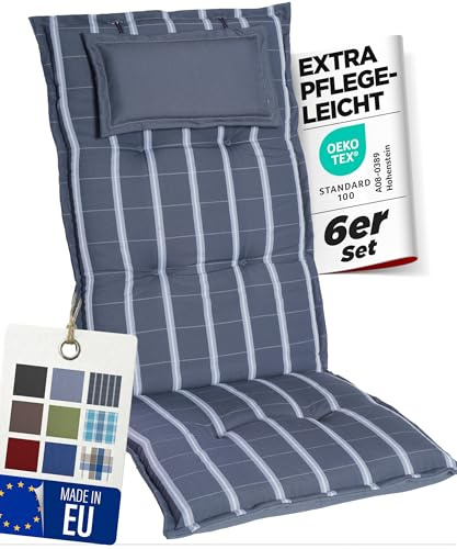 gardisun Gartenstuhlauflagen Hochlehner mit Kopfteil I Extra Dicke Sitzauflagen I Made in Europe I Polsterauflagen für Hochlehner I Auflagen mit extra hohem Komfort I 6er Set I Grau-Kariert