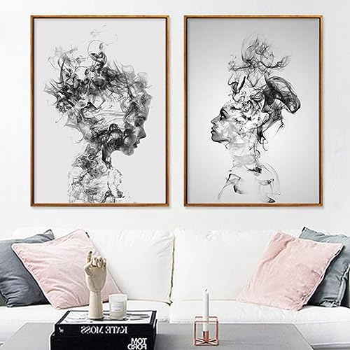 UGZDEA Abstrakte Kunstposter Leinwandbilder, Moderne Schwarz Weiß Motiv Smoked Boy Girl Poster, Abstrakte Skizze Art Line Gemälde Wohnzimmer Schlafzimmer Deko Bild-Ohne Rahmen (2x50x70cm)