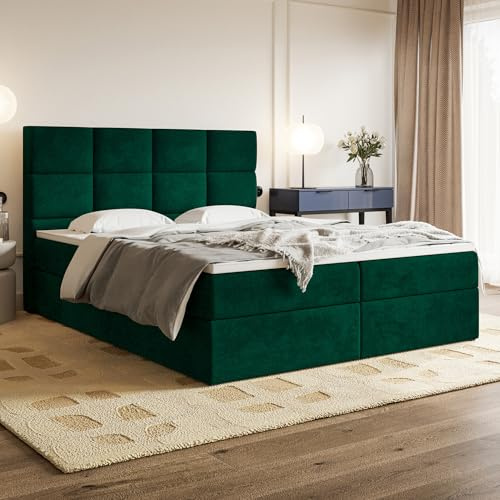 MOTIVENA Alpha Boxspringbett 180x180 Grün Samt, mit Bonellfederkern-Matratze (H4), mit T28 Komfortschaumstoff Topper (H3), Boxspringbett 180x180 mit Bettkasten Grün (Dunkelgrün)