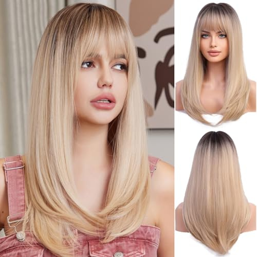 OUFEI Ombré Blonde 19Lange Glatte Kunsthaar Perücken für Damen Alltag Party