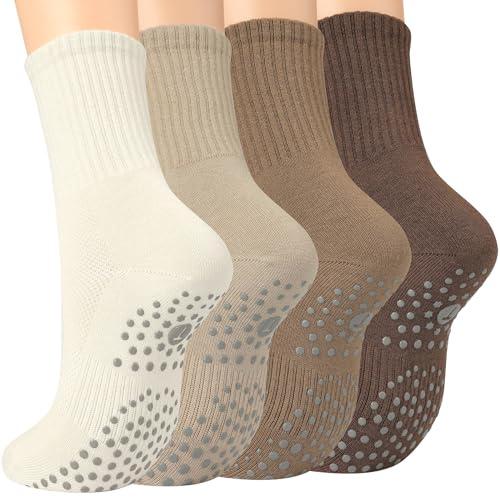 Toes Home Pilates Socks for Women with Non Slip Grippers, Yoga Crew Socks for Barre Hospital Sticky Slipper Socks 4 Pairs, Tan, 4.5-9 UK
