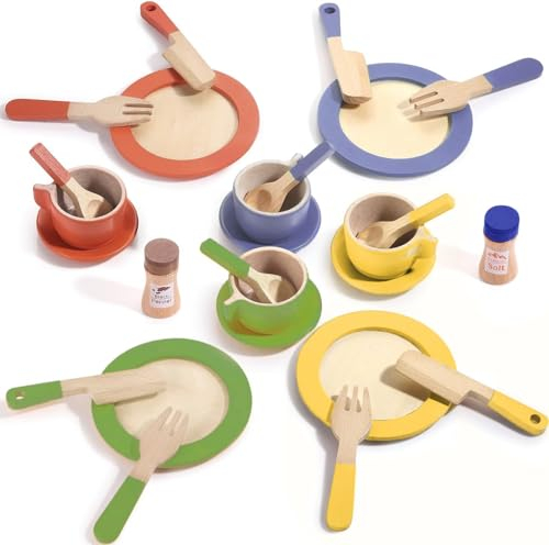 Beberolen Kinderküche Geschirrset für Kinder, Spielküche Zubehör Puppengeschirr Holz, Puppenküche Geschirr mit Teller, Holzspielzeug Spielgeschirr, Pädagogische Rollenspiel Kindergeschirr Geschenk