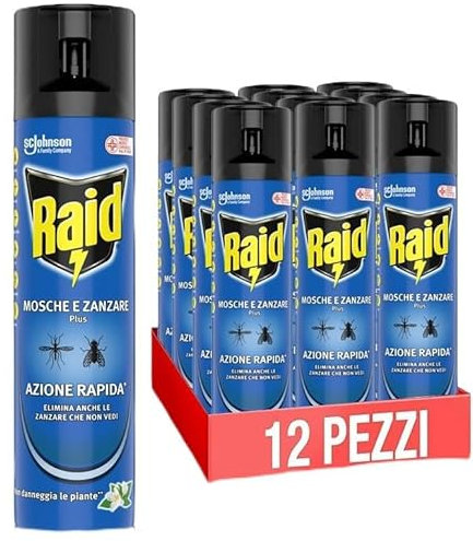 Raid Mosche e Zanzare, Spray Insetticida, Antizanzare e Antimosche, Azione Rapida, 12 x 400 ml
