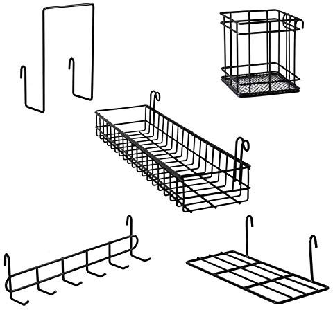 MOIUCUN Wandgitter Hängekorb, Hängeregal, Stifthalter, Hakenablage, Bücherregal, Wandgitter Zubehör, 5er Set (Schwarz)