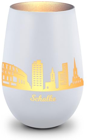 GRAVURZEILE Deko Windlicht aus Glas mit Gravur - Skyline Schalke - Hochwertige 360° Lasergravur - Dekoratives Geschenk als Andenken, Souvenir oder für Sammler zum Geburtstag - Farbe: Weiß/Silber
