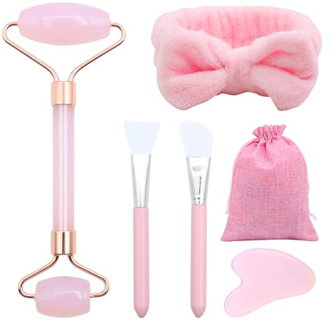 Scettar Jade Gua Sha Stein Set, Rosa Natürlicher Jade Massageroller, Gesichtsroller Massagewerkzeug für Augenschwellungen Hautstraffung Face Massager