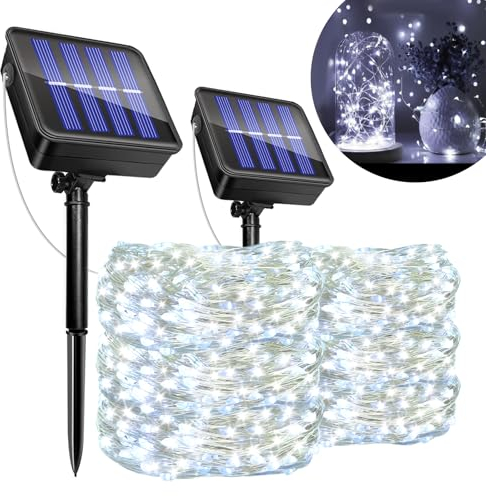Solar Lichterkette Aussen, 2x12M 120LED Solarlichterkette Aussen, Wetterfest 8 Modi IP65 Wasserdicht Kupferdraht, Solar Lichterkette für Garten Zaun Terrasse Baum Hof Party Weihnachten Deko(Kaltweiß)