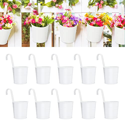 KINGLAKE 10 Stück 16CM Blumentöpfe zum Aufhängen Hängend，Weiß Blumentopf Metall, Hängetopf mit Abnehmbarem Haken und Loch, für Balkon, Zäune, Fenster, Geländer-16X 11X 15cm