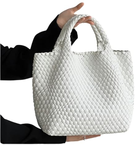 HGSLQDEE Strohtaschen Damen Shopper Gewebte Taschen Für Frauen, Handtaschen, Große Sommer -Reisetaschen Und Brieftaschen Vintage Handgefertigte Umhängetaschen-Weiß