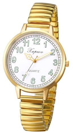 JewelryWe Orologio da Donna Cinturino Elastico: Quadrante Rotondo Grande Lancette Luminose Impara Ora Orologio al Quarzo Regalo per Mamma Anziani