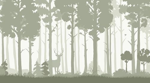 UNIK Nordic Vliestapete, BxH 150x250 cm, Waldtiere im Birkenwald, Tapete Aquarell Wald, Fototapete Baby- und Kinderzimmer, XXL Kindertapete in grünen Farben, Wandtapete Natur Motiv, Made in Germany