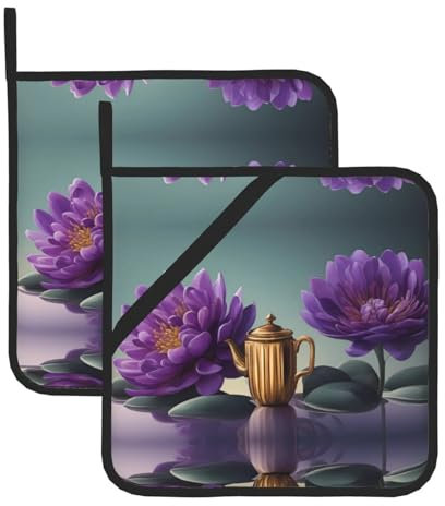 BROLEO Set di 2 presine da 20,3 x 20,3 cm, resistenti al calore e durevoli, accessori da cucina con tessuto impermeabile con stampe di fiori viola e verde acqua