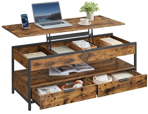 VASAGLE Soffbord, Höjdjusterbart Vardagsrumsbord, Soffbord, Med Lådor, Öppet Fack, 50 x 120 cm, Vintage Brun och Bläcksvart LCT252K01