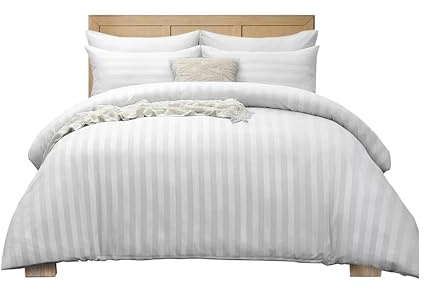 APEX FURNISHINGS Satin Stripes King Size Duvet Cover Set Reversible Soft Breathable Microfiber Bedding with 2 Pillowcases, King Bed Set (White)