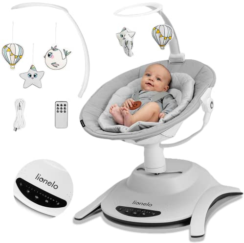 Lionelo Bella Electric Baby Bouncer for Infant with 360° Seat, 6 Swing Motions, 12 Melodies, 5-Speed Rocker Levels, Backrest Adjustment, Motion Detection, Safety Harness, Remote & Modes