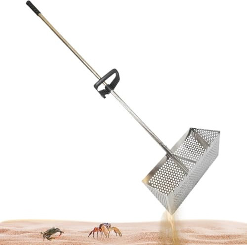 Sand Flea Rake, Stainless Steel Beach Sand Sifter with 15.8 Inch Shark Tooth Wide Basket, Detachable Long Handle Sand Rake for Beach