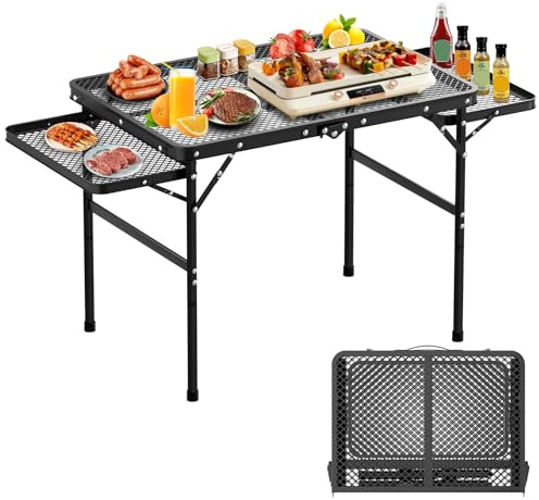 Folding Camping Table with 2 Extra Desktop, Height Adjustable Portable Grill Table, Metal Outdoor Grill Table for Outside, Camping Cooking Tables for Picnic, BBQ, 53.14 x 26.6 x 23.6 inches Large Size