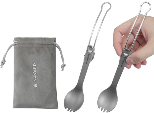 Navaris Titanium & Stainless Steel Spork - Lightweight Foldable Travel Cutlery Sporks for Camping - Compact Reusable Fork & Spoon with Locking Mechanism & Carry Bag - Set of 2