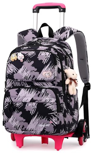 Tanou Rucksack mit Rollen, Leichte Schulrucksack zum Rollen für Mädchen, Kinder Trolley Schulranzen, 16 Zoll, 1-5.Klasse, Schwarz Graffiti