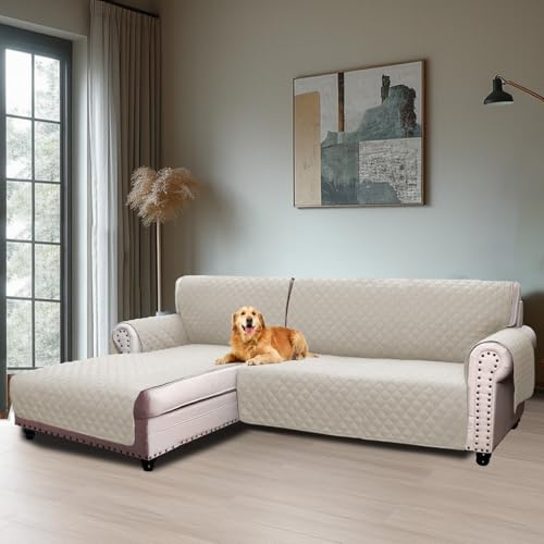 BellaHills Sofaüberzug Wasserabweisend rutschfeste Sofaüberwurf Abnehmbar mit Armlehnen Taschen und Gummiband Chaiselongue Linke (247CM) Grau Beige