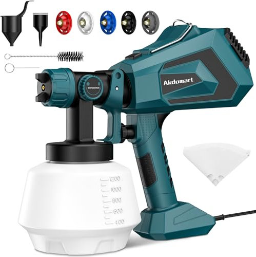 Pistola per Verniciare, Akdomart AK17 700W HVLP Pistola a Spruzzo per Vernici Elettrica, Pistola Vernice a Spruzzo a Flusso Regolabile da 1200 ml per Recinzioni, Muri