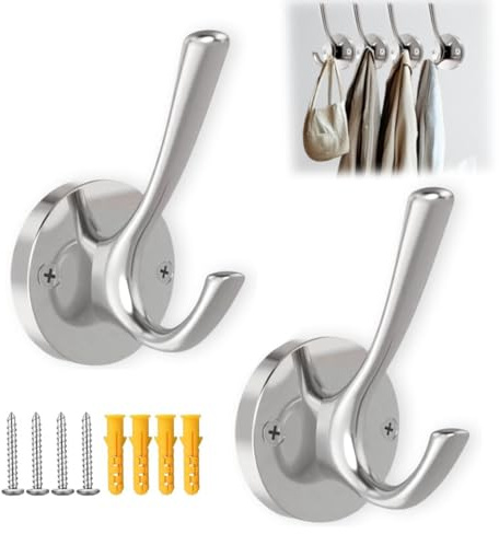 Ojeemii 2 ganci da parete in nichel spazzolato, ganci per asciugamani, ganci resistenti per appendere cappotti, ganci per asciugamani in metallo per bagno, doppio gancio da parete