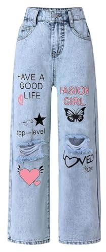 Generisch Y2K Y2K Jean pour fille Coupe bootcut Taille élastique Pantalon en denim avec jambes larges Style rétro Pantalon décontracté Loose Droit Jeans 120-170, bleu clair, 8-9 ans