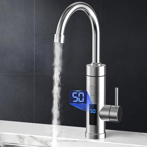 FALANZATH Elektrischer Wasserhahn mit Durchlauferhitzer 230V – Wasserhahn Küche mit LED-Temperaturanzeige, Wasserhahn Küche 360° Swivel, Edelstahl Schnellheizung Wasserhahn Küchenarmatur (Silber A)